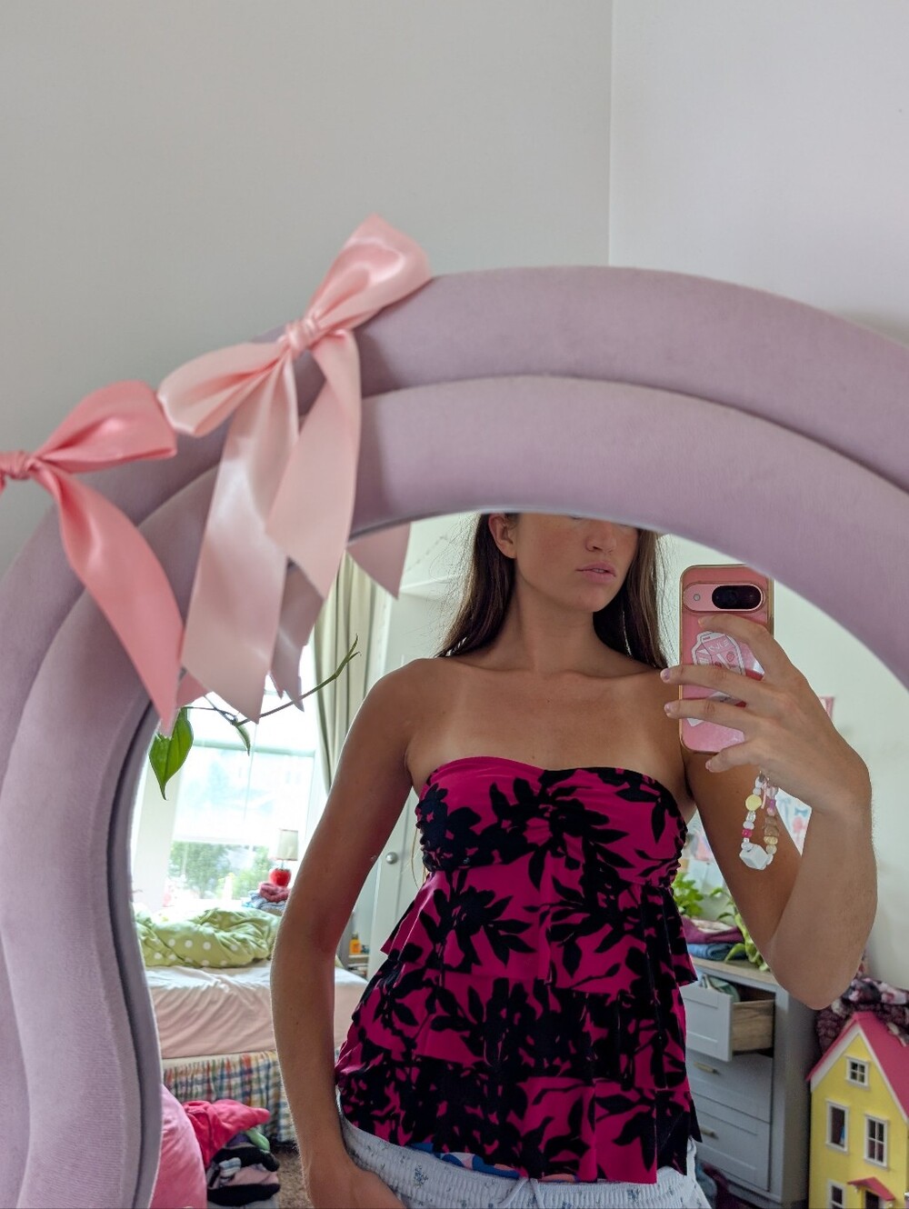 Y2K Strapless Pink Floral Print Women's Top Size Medium